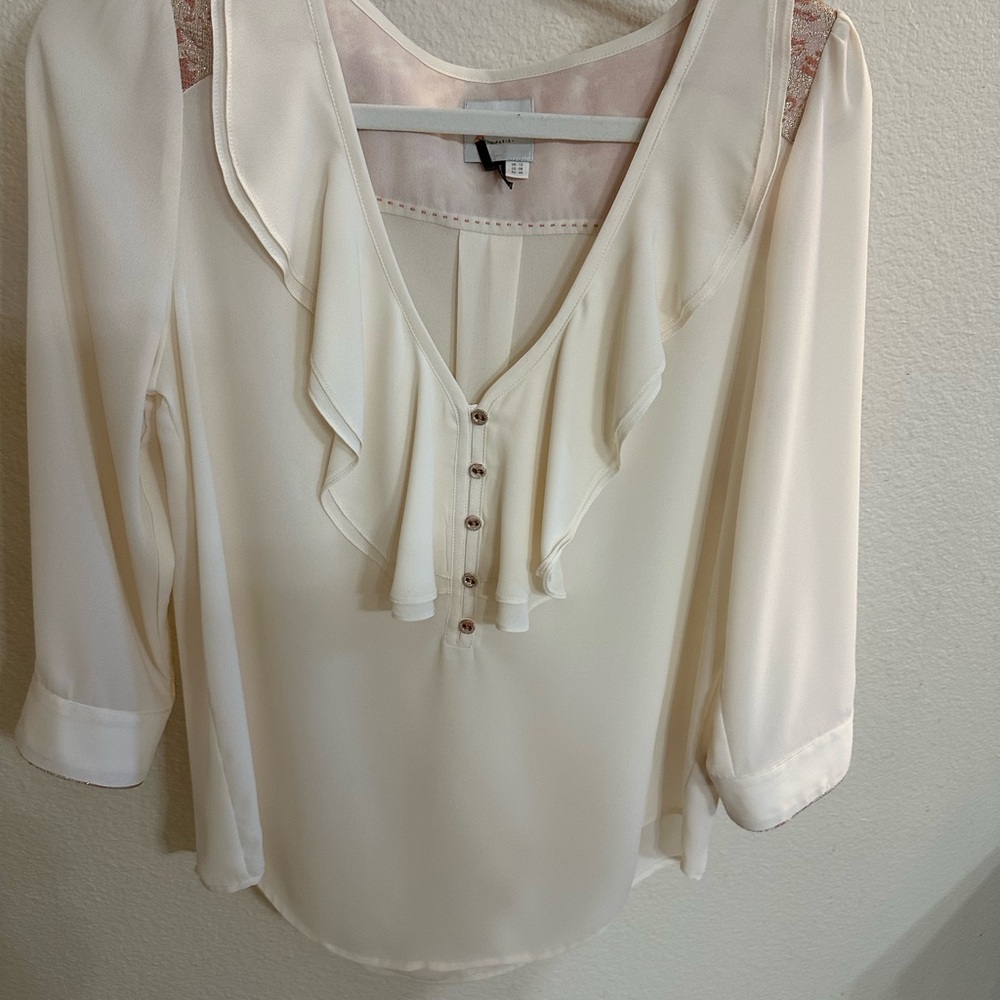 Anthropologie HD in Paris Cream Blouse with Ruffle and Button Detail